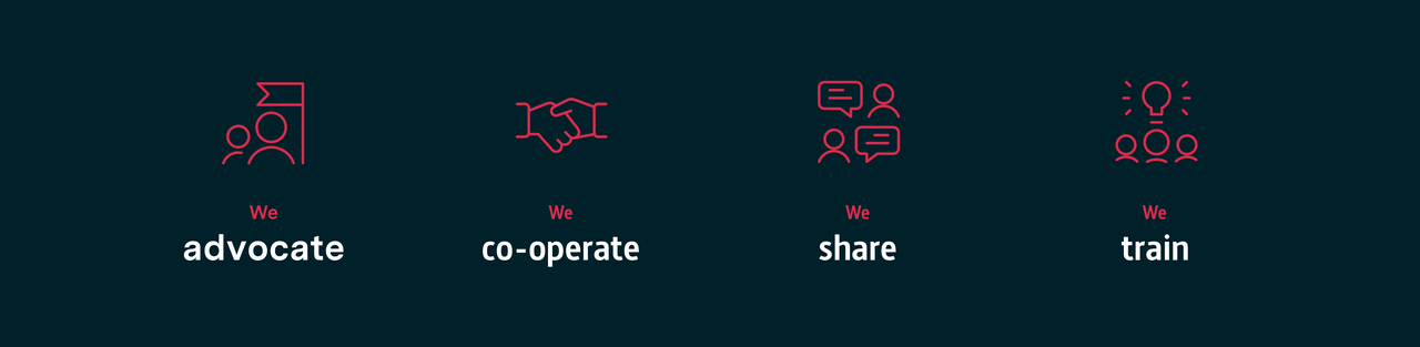 Vier minimalistische Icons in Rot und Dunkelgrau symbolisieren Kernwerte wie Interessenvertretung, Zusammenarbeit, Wissensaustausch und Weiterbildung f&uuml;r das NEMO-Museumsnetzwerk.