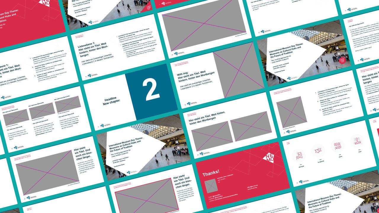Rasteranordnung von Webdesign-Mockups f&uuml;r das NEMO-Museumsnetzwerk, die ein modernes, strukturiertes Layout mit t&uuml;rkisfarbenen und roten Akzenten zeigen, einschlie&szlig;lich einer Seite mit der Zahl 2.