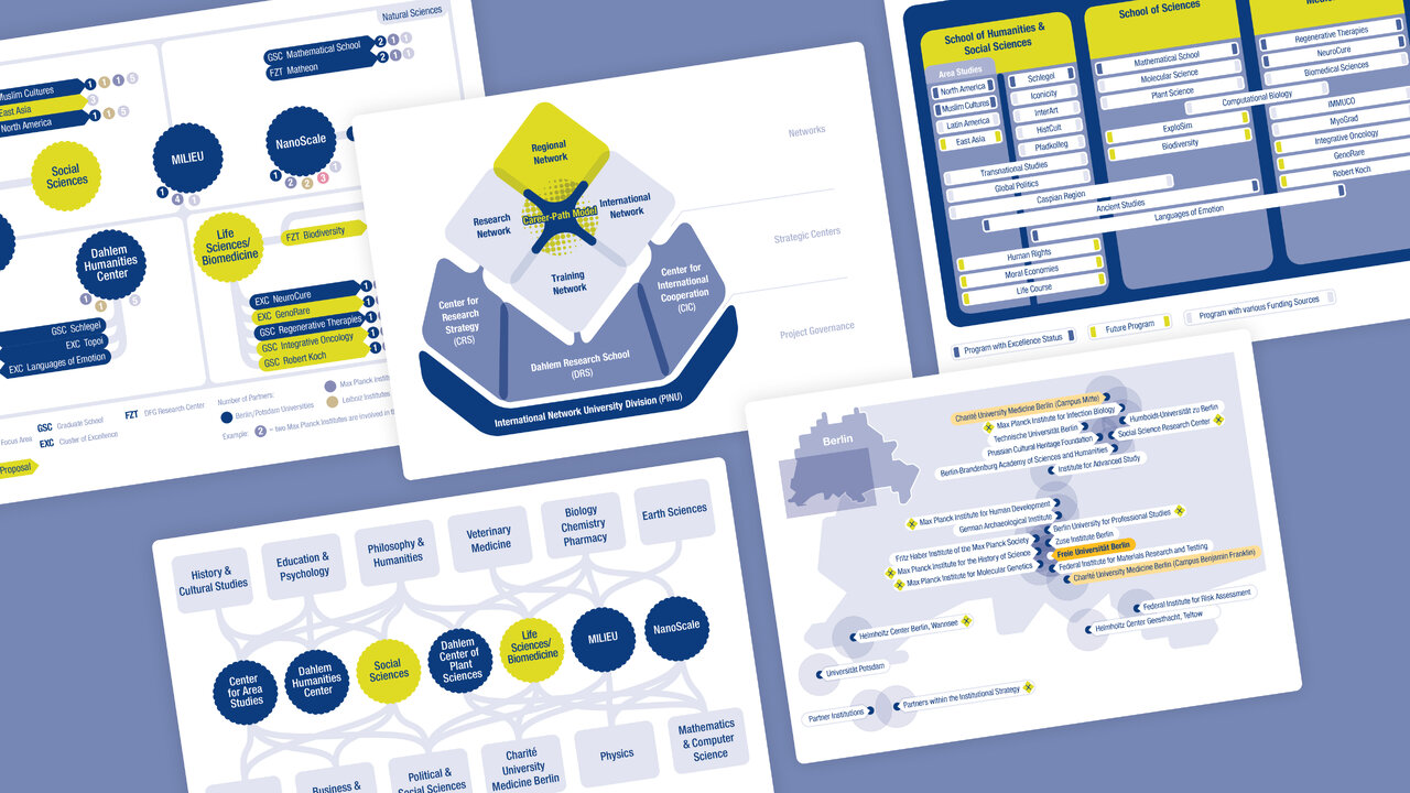 Screenshots verschiedener Grafiken und Infografiken in blau und gelb, die eine detaillierte Projekt-Visualisierung f&uuml;r eine Netzwerkuniversit&auml;ts-Ausstellung darstellen. Design-Elemente umfassen Zeitachsen, Informationstafeln, Kartendarstellungen und strukturierte Informationsbl&ouml;cke, die Projektphasen und Netzwerkstrukturen veranschaulichen.
