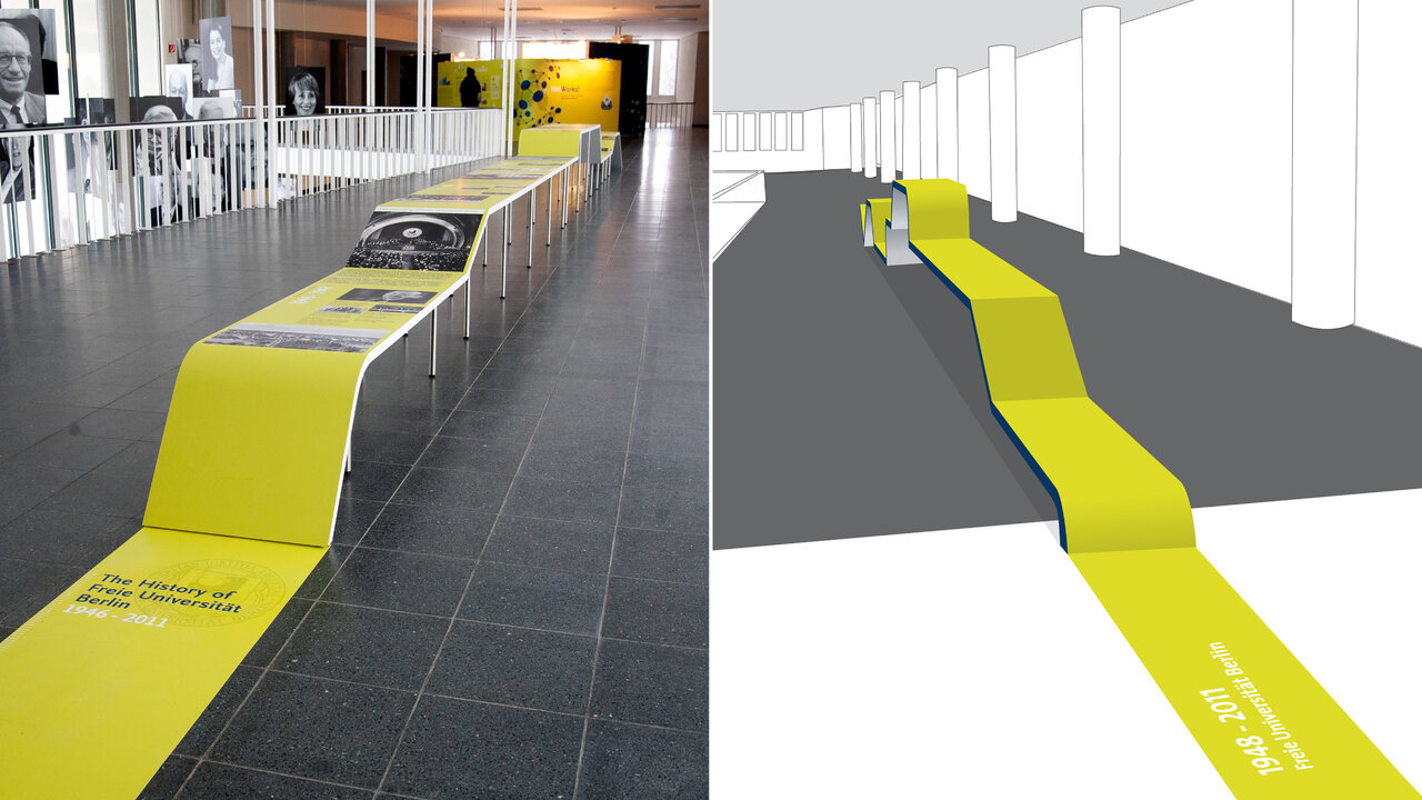 Visualisierung eines geschwungenen, gelb-grauen Ausstellungsparcours mit einem langen Zeitstrahl, der Besucher durch den Raum f&uuml;hrt und Informationen zur Freien Universit&auml;t Berlin pr&auml;sentiert. Der dynamische Ausstellungsweg im Henry-Ford-Bau zeigt eine mediale Inszenierung der Netzwerkuniversit&auml;t mit klarer grafischer Gestaltung.