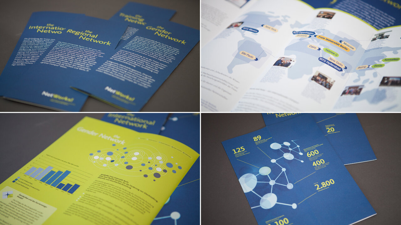 Vier Ansichten eines Projektmaterials f&uuml;r die Ausstellung &bdquo;NetWorks!" der Freien Universit&auml;t Berlin, mit blauen und gelben Brosch&uuml;ren, Zeitachsen, Infografiken und Diagrammen, die Netzwerke und Daten visuell darstellen.