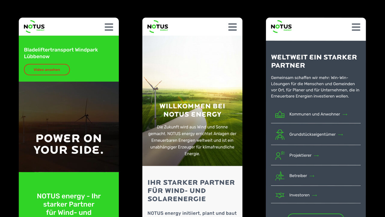 Drei Mobile-Screen-Ansichten des NOTUS energy Webdesigns in Gr&uuml;n- und Wei&szlig;t&ouml;nen, die verschiedene Seiten und Sektionen der responsiven Website mit Fokus auf erneuerbare Energien und Solarenergie pr&auml;sentieren.