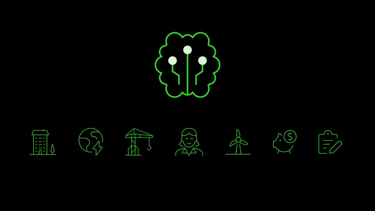 Grafische Darstellung eines Gehirns in Gr&uuml;n mit stilisierten Symbolen f&uuml;r verschiedene Technologiebereiche wie Geb&auml;ude, Erde, Infrastruktur, erneuerbare Energien und Analyse, die Innovation und vernetzte Intelligenz symbolisieren.