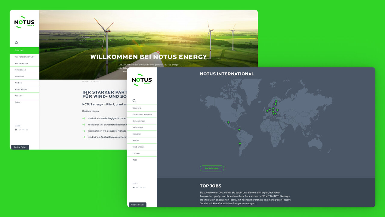 Zwei &uuml;bereinander liegende Websitedesigns f&uuml;r NOTUS Energy mit gr&uuml;nem Hintergrund, zeigen eine Landschaftsansicht mit Windr&auml;dern und eine Weltkarte mit Projektstandorten.