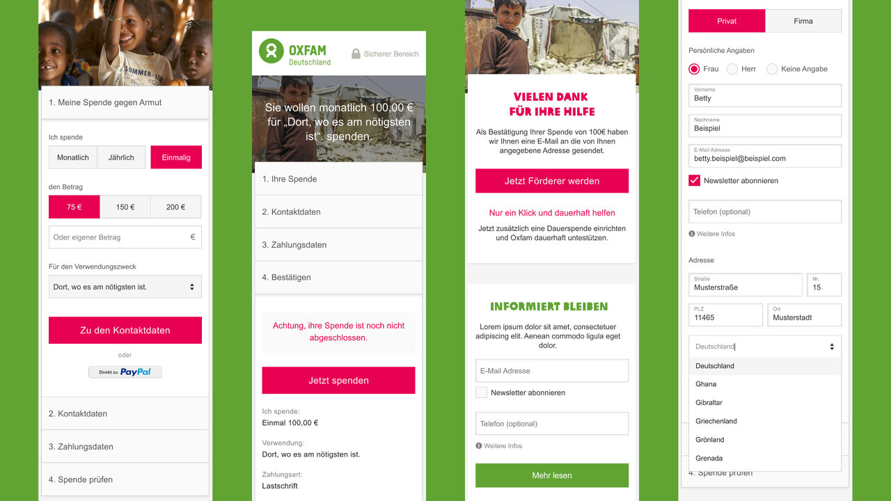 Screenshots der Oxfam Deutschland Website in verschiedenen Ansichten, die responsive Design-Elemente und Spendenformulare mit gr&uuml;n-rosa Farbschema zeigen, welche Kampagnen, Aktivismus und Spendenlogik in klarer hierarchischer Struktur vereinen.