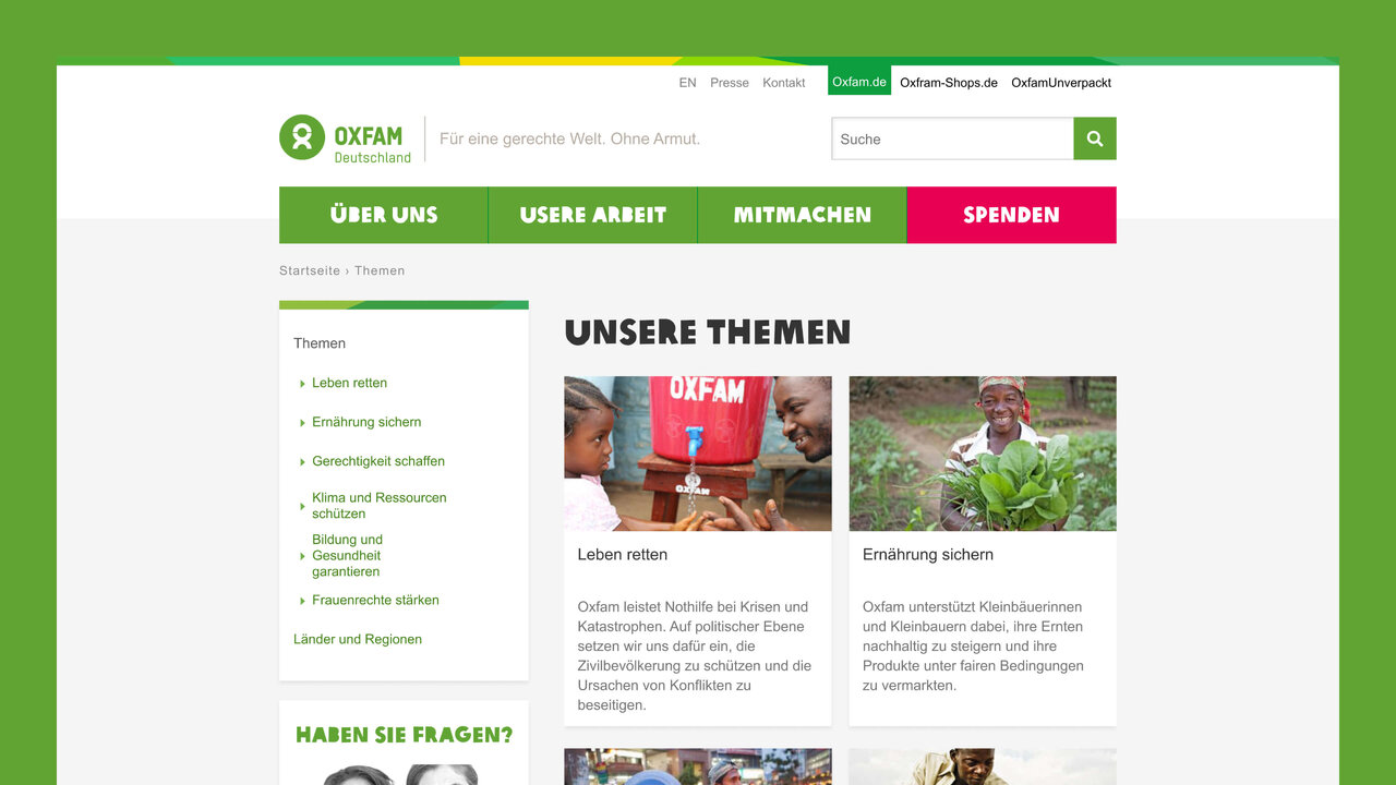 Oxfam Deutschland Website-Screenshot mit gr&uuml;n-wei&szlig;em Design, zeigt Navigationsmen&uuml; und Themenbereiche wie "Leben retten" und "Ern&auml;hrung sichern" mit zwei informativen Bildern.