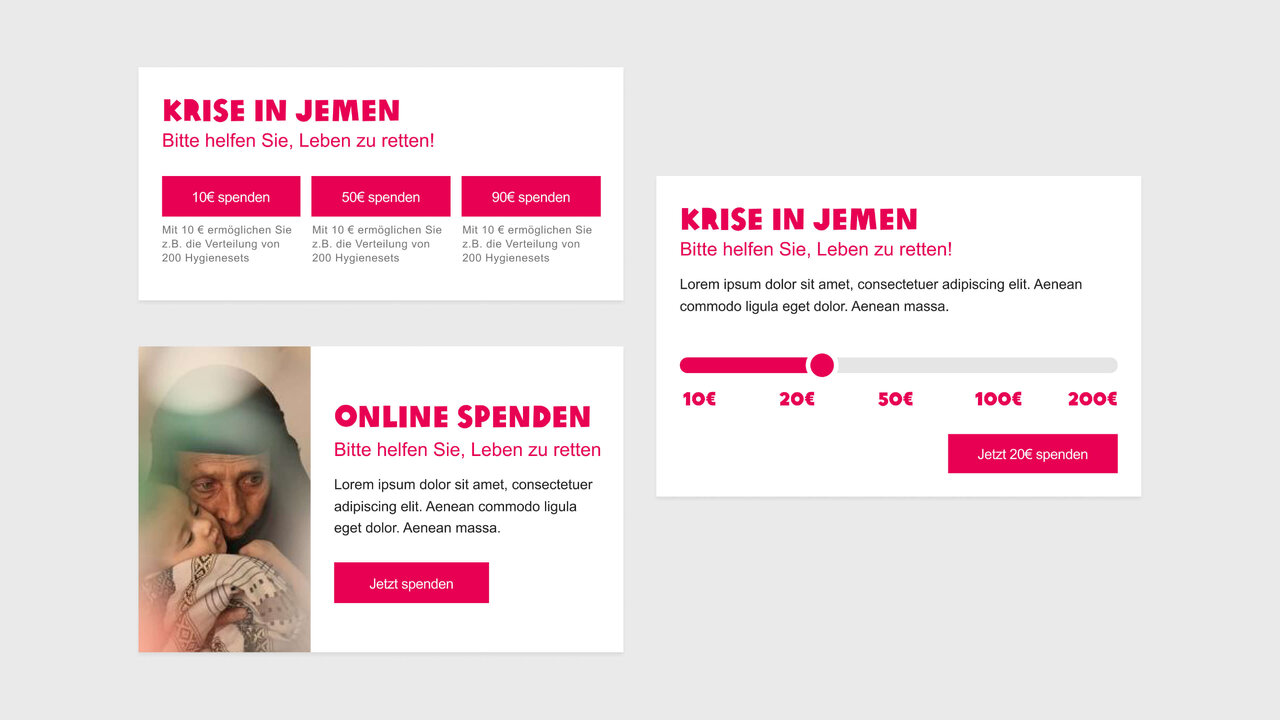 Spendenaufruf f&uuml;r die Jemen-Krise mit zwei Varianten: einer &Uuml;bersichtsseite mit Informationen und einem Spendenformular sowie einem Detailbereich mit Spendenoptionen und einem Foto einer Person in einem Tuch.