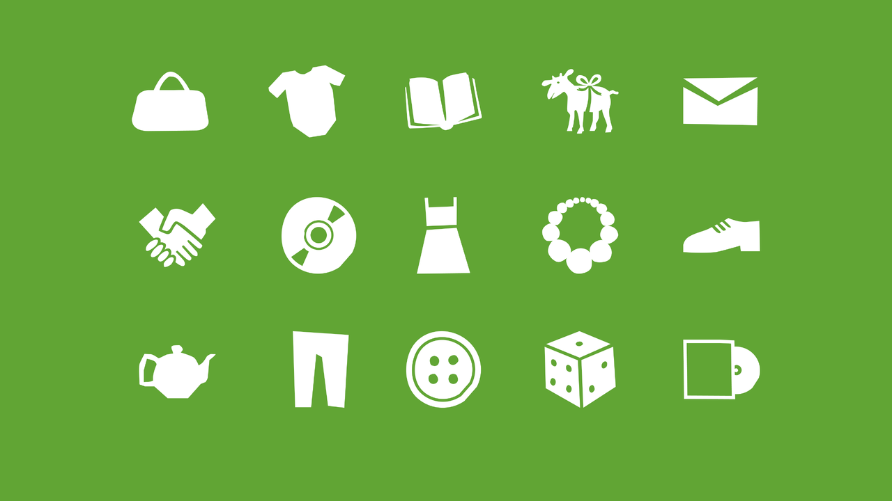 Wei&szlig;es Icon-Set auf gr&uuml;nem Hintergrund mit verschiedenen Symbolen wie Handtasche, Kleidung, Buch, Tiere, E-Mail, H&auml;ndedruck, CD, Kleid, Blume, Schuh, Teekanne, Hose, Knopf, W&uuml;rfel und T&uuml;r, repr&auml;sentiert vielf&auml;ltige Aspekte des Alltags und der Kommunikation.