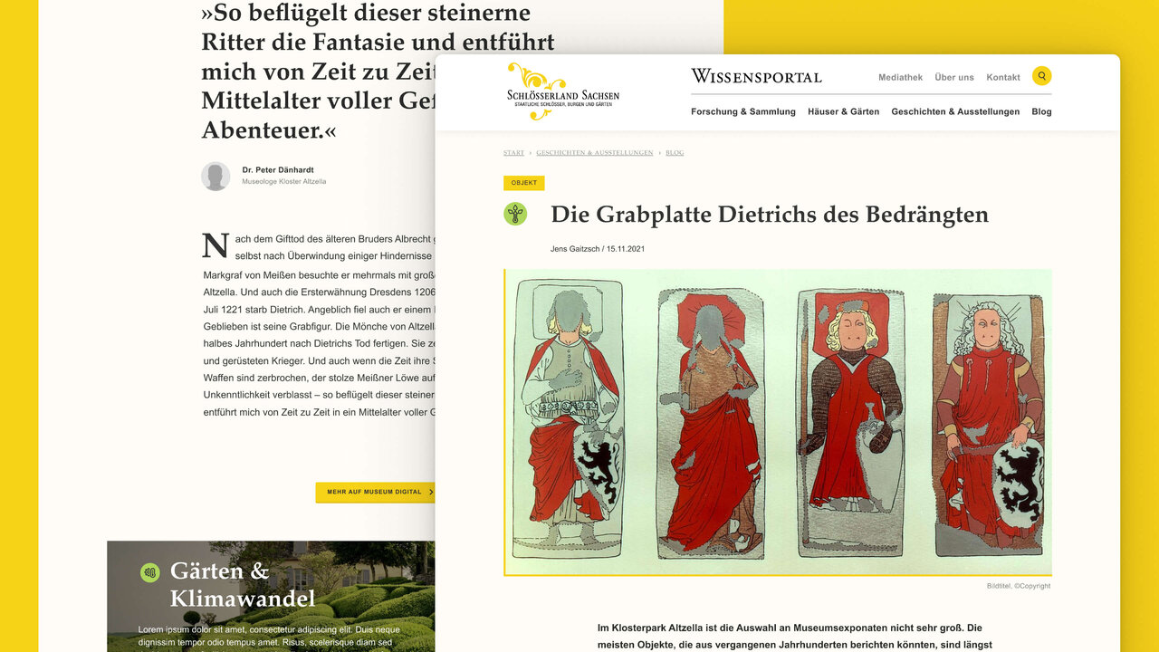 Vier mittelalterliche Grabplatten mit stilisierten Figuren in Rot und Graut&ouml;nen, darstellend verschiedene Posen und Gew&auml;nder von Dietrich, dem Bedr&auml;ngten, auf einer Webseite des Wissensportals der Staatlichen Schl&ouml;sser, Burgen und G&auml;rten Sachsen.