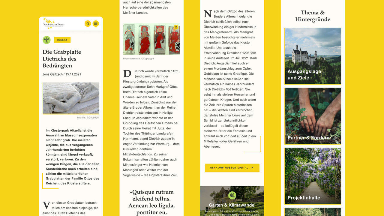 Gestaltung eines mehrspaltigen gelben Layouts f&uuml;r ein Wissensportal mit Textbl&ouml;cken, Navigationsmen&uuml; und Bildern zu Schl&ouml;ssern, Burgen und G&auml;rten in Sachsen.