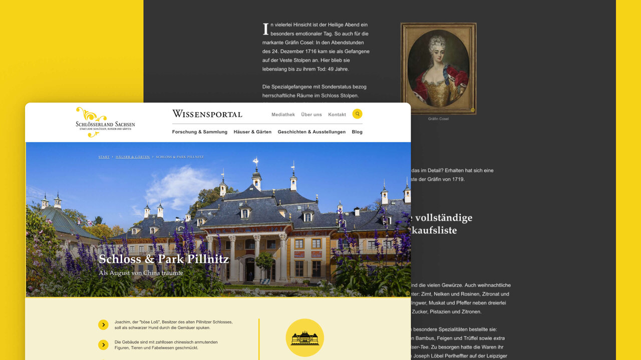 Website-Design f&uuml;r das Wissensportal der Staatlichen Schl&ouml;sser, Burgen und G&auml;rten Sachsen, mit Screenshot einer Seite &uuml;ber Schloss und Park Pillnitz vor gelbem Hintergrund, inklusive historischem Portr&auml;t und moderner Webdesign-Ansicht.