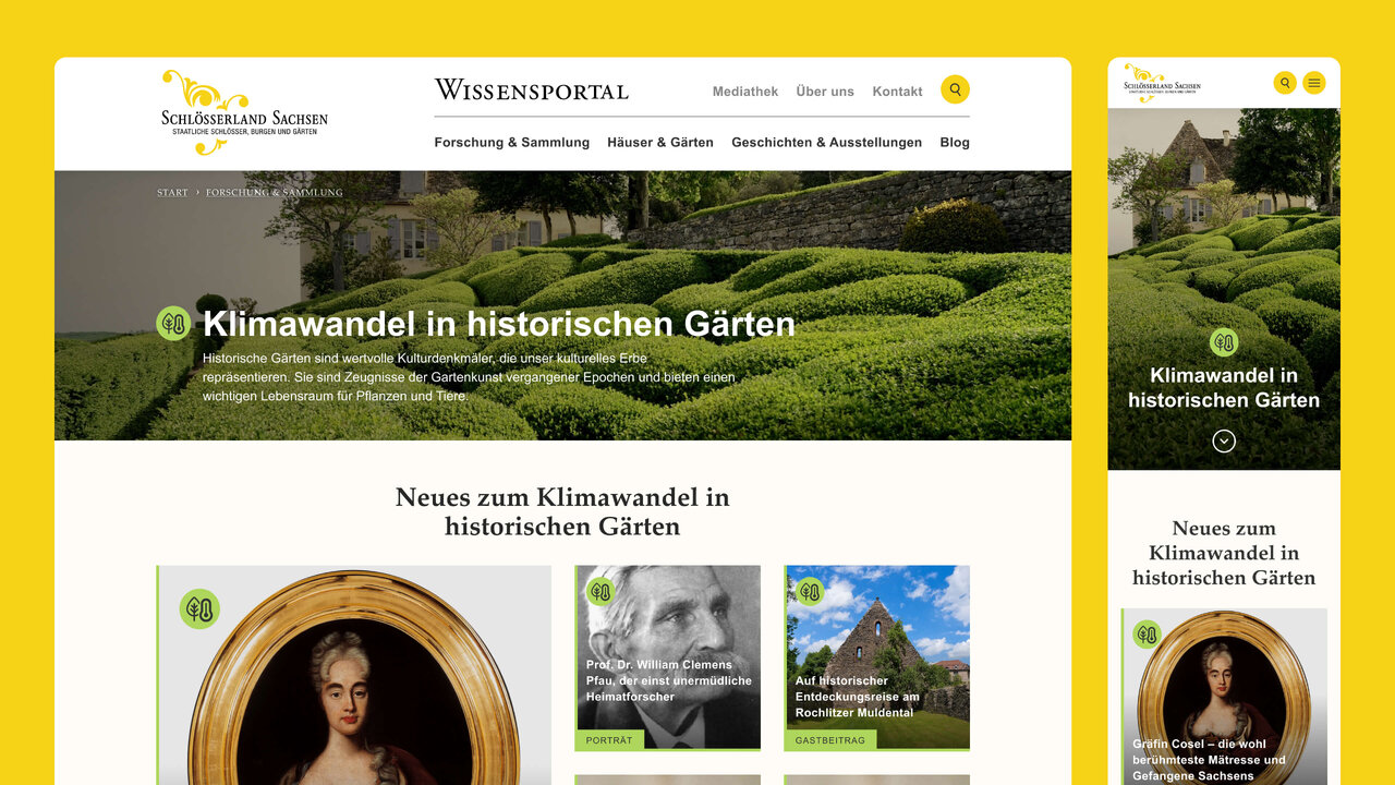 Wissensportal der Staatlichen Schl&ouml;sser, Burgen und G&auml;rten mit gr&uuml;nem Header-Bild von historischem Garten und Screenshot-Layout, der Artikel &uuml;ber Klimawandel in historischen G&auml;rten zeigt, mit Portrait einer Person im ovalen Rahmen.