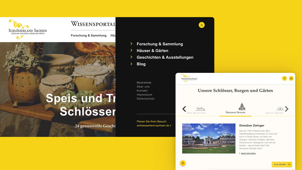 Webdesign-Mockup f&uuml;r das Wissensportal der Staatlichen Schl&ouml;sser, Burgen und G&auml;rten Sachsen, mit gelber Farbgestaltung, Navigation und Screenshot einer Schloss-Detailansicht.