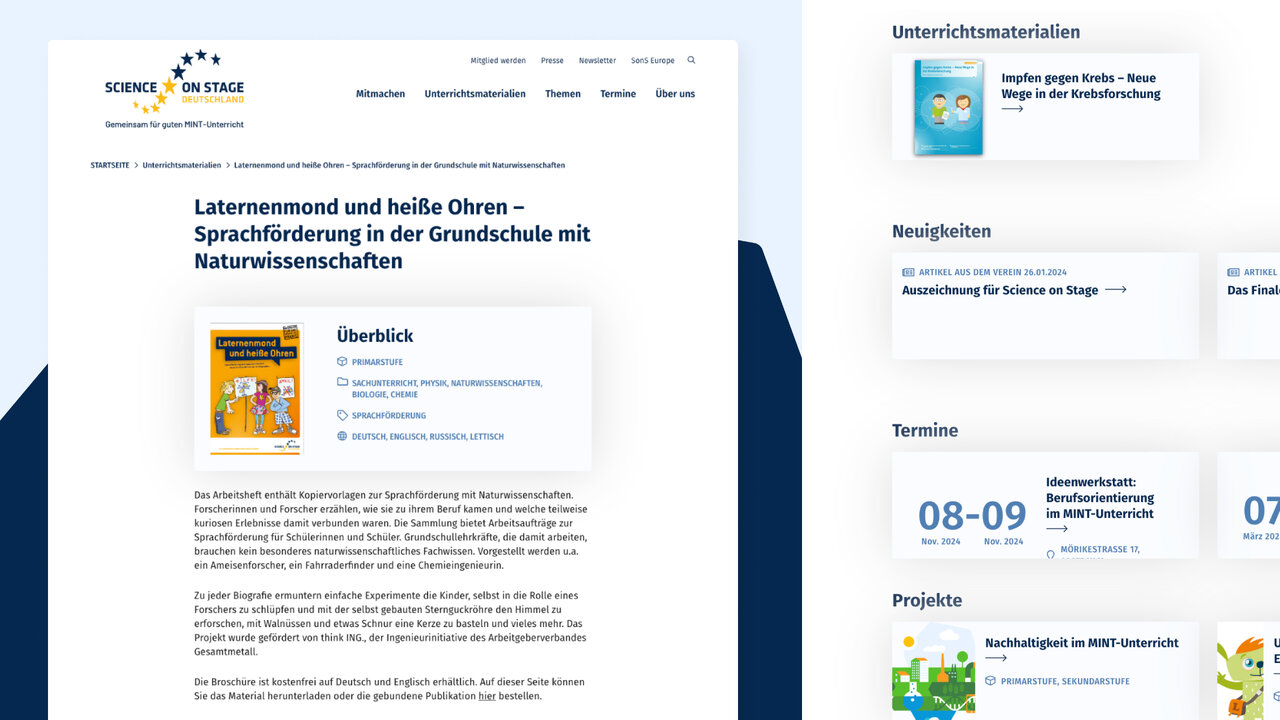 Webseite von Science on Stage mit Informationen zu Sprachf&ouml;rderung und Naturwissenschaften in der Grundschule, zeigt eine &Uuml;bersichtsseite mit Buchcover und Men&uuml;elementen.