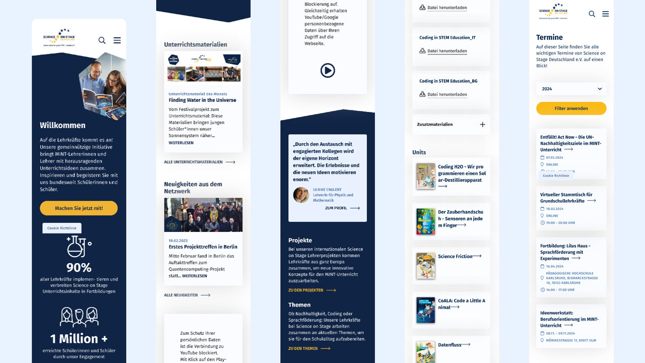 Responsive Website-Design f&uuml;r Science in Stage, ein MINT-Lehrkr&auml;ftenetzwerk, mit geordneten Sektionen in Blau und Wei&szlig;, die Informationen, Navigation und projektbezogene Inhalte &uuml;bersichtlich pr&auml;sentieren.