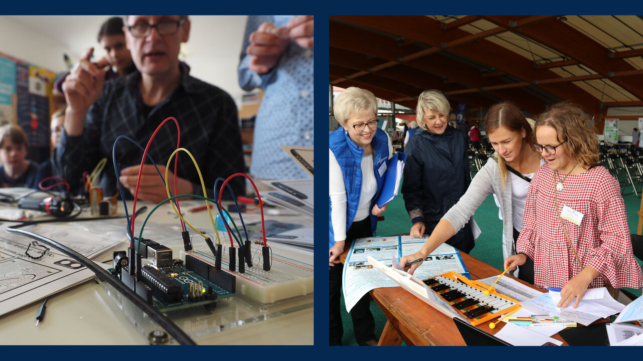 Zwei Szenen des praktischen MINT-Unterrichts: Links ein Tisch mit elektronischen Bauteilen und Messger&auml;ten, rechts Lehrkr&auml;fte und Sch&uuml;lerinnen, die gemeinsam an einem Experimentiertisch mit technischem Material arbeiten.