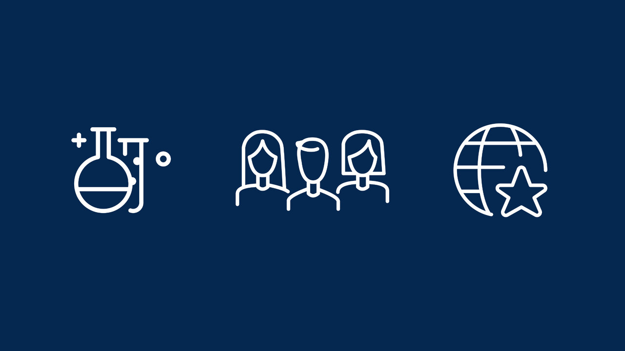 Drei symbolische Icons f&uuml;r Wissenschaft, Gemeinschaft und globale Bedeutung: ein Chemielabor-Becher, ein Gruppensymbol von drei Personen und ein Globus mit Stern.