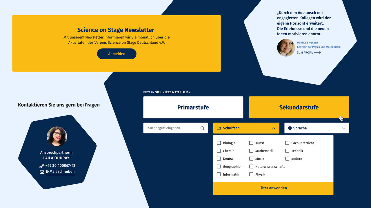 Benutzeroberfl&auml;che des Science on Stage Newsletters mit blau-gelber Farbgestaltung, zeigt Anmeldeformular, Auswahlmen&uuml;s f&uuml;r Primarstufe und Sekundarstufe sowie ein Profilbild einer Ansprechpartnerin.