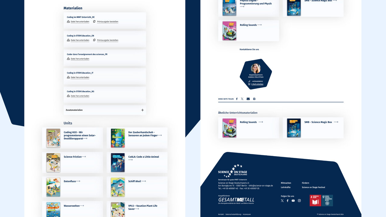 Screenshots einer responsiven Webdesign-Oberfl&auml;che f&uuml;r Science in Stage mit blau-wei&szlig;er Farbpalette, zeigt Materialienliste und Projektkartenansicht f&uuml;r mathematische und naturwissenschaftliche Bildungsinhalte.