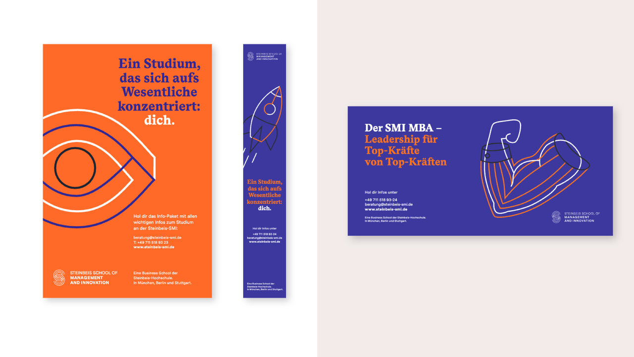 Zwei Plakate in Orange und Blau mit minimalistischen Grafiken: links ein Auge mit dem Text "Ein Studium, das sich aufs Wesentliche konzentriert", rechts ein stilisierter Muskelarm mit dem Text "Der SMI MBA - Deine Top-Kreise von Top-Kr&auml;ften".