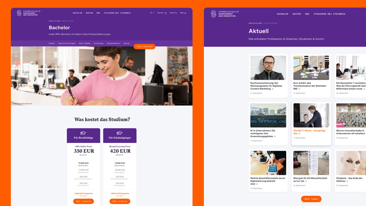 Website der Open University mit zwei Ansichten: Links eine Studien-Startseite mit Preis&uuml;bersicht, rechts eine Aktuelle-Seite mit Nachrichtenartikeln. Die Seite verwendet ein lila-orangefarbenes Design mit Fotos von Studierenden und Arbeitsumgebungen.