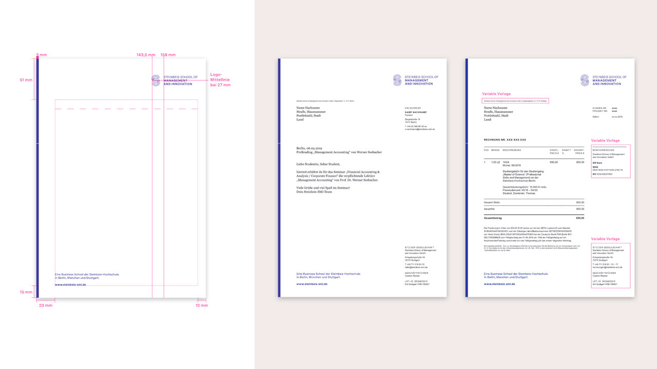 Drei Seiten eines professionellen Gesch&auml;ftsbriefs von Studio Good aus Berlin mit blau-lila Designelementen. Dokumente zeigen ein sauberes, minimalistisches Layout mit Firmenlogo und strukturierter Textanordnung.