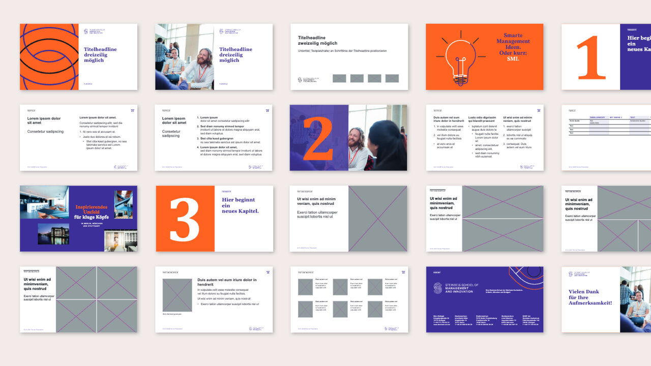 Layout eines Designvorschlags f&uuml;r ein Pr&auml;sentationsdokument mit orangefarbenen und blauen Designelementen, nummeriert von 1 bis 3, zeigt verschiedene Seiten und Rasterstrukturen eines Markenentwicklungsprojekts f&uuml;r Studio Good aus Berlin.