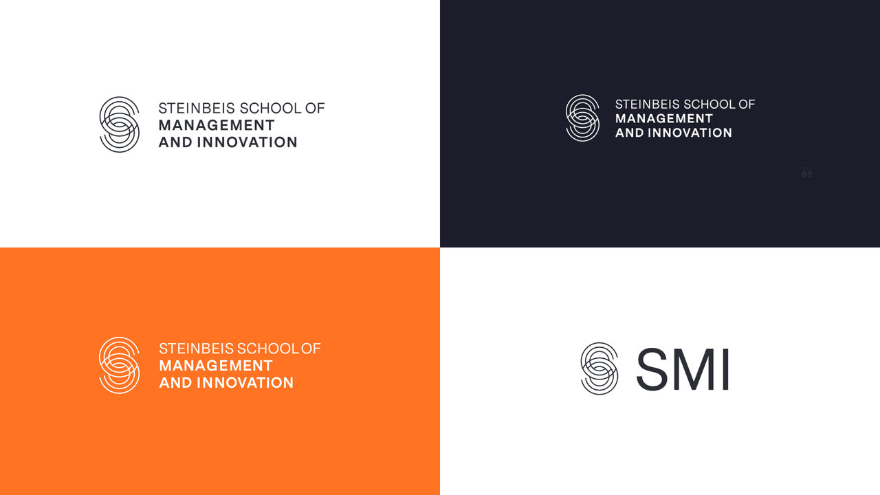 Grafische Darstellung des Logos und der Branding-Elemente f&uuml;r die Steinbeis School of Management and Innovation (SMI) in verschiedenen Farbvarianten: Wei&szlig;, Dunkelblau und Orange, mit einem minimalistischen, geschwungenen Logodesign und den Initialen "SMI".