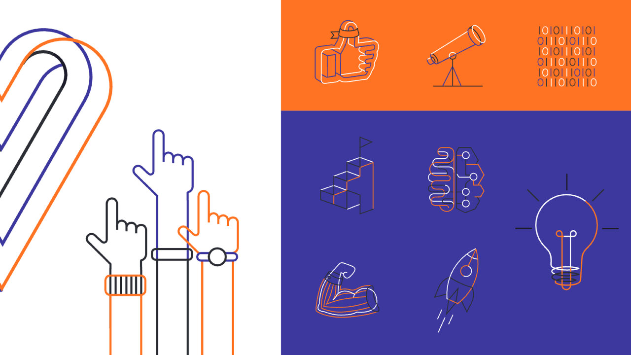 Grafische Darstellung von Teamarbeit und Kreativit&auml;t mit stilisierten H&auml;nden, Symbolen f&uuml;r Technologie, Innovation und digitale Kommunikation in orange und blauen Quadranten. Symbolisiert die Kernwerte von Studio Good: Zusammenarbeit, Ideenreichtum und gesellschaftliche Ver&auml;nderung.