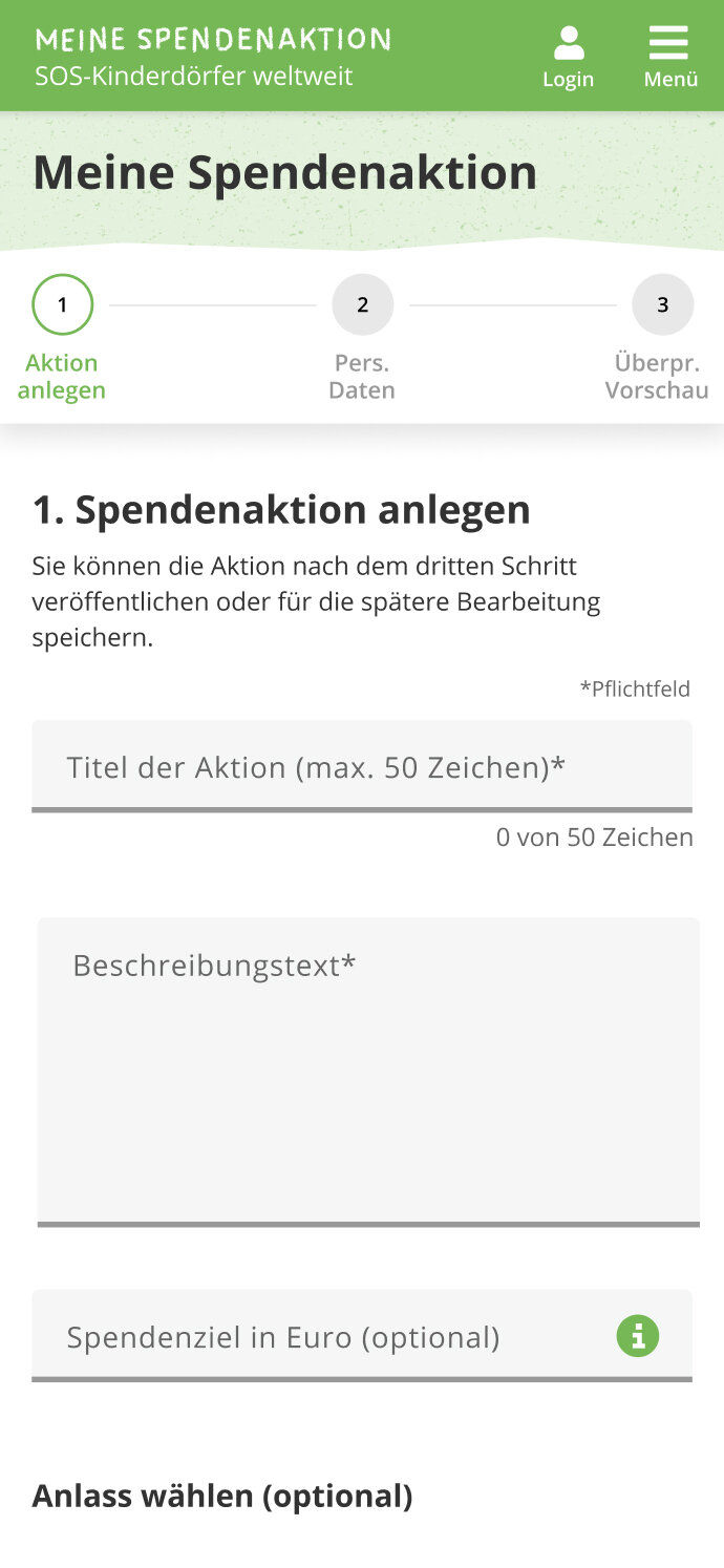 Erster Schritt der Spendenaktions-Erstellung f&uuml;r SOS-Kinderd&ouml;rfer weltweit. Formular zur Eingabe von Aktionstittel, Beschreibungstext und optionalem Spendenzielbetrag.