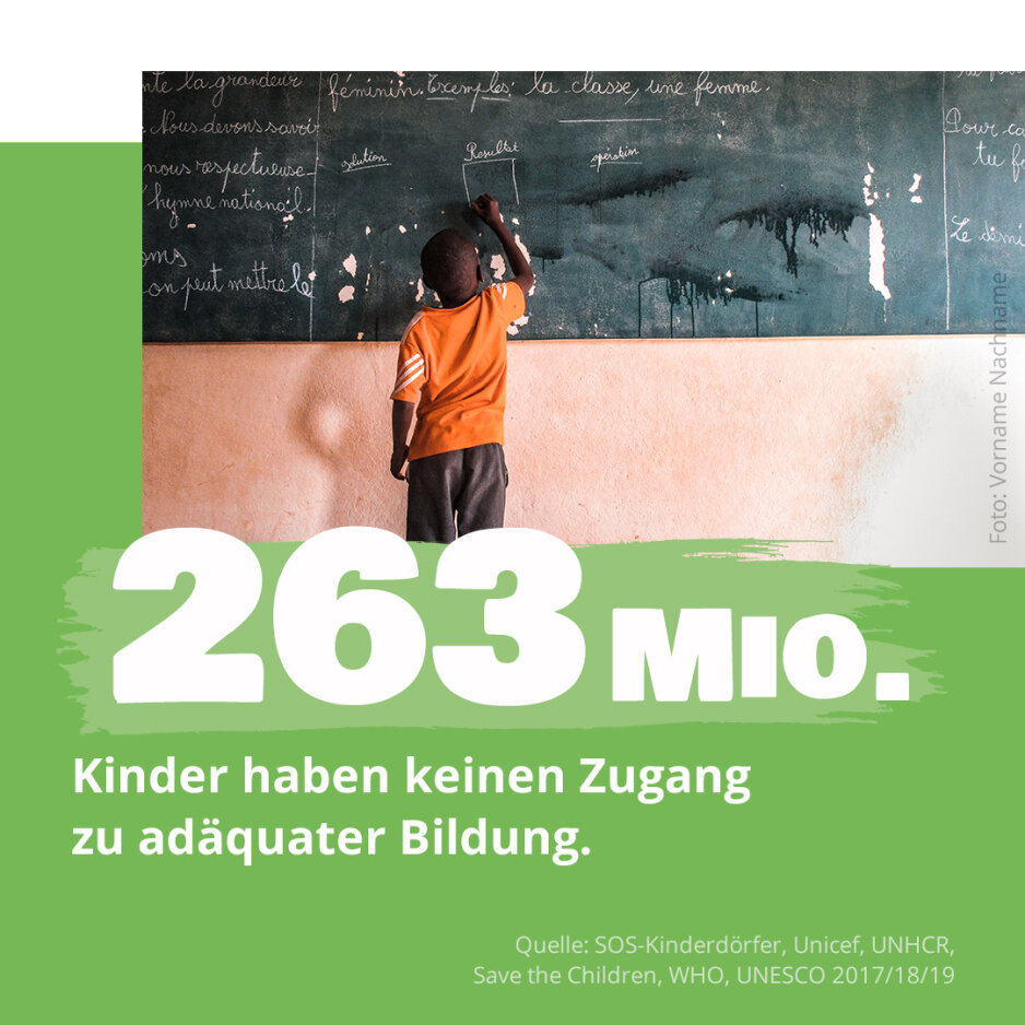 Ein Social Media Post der SOS Kinderd&ouml;rfer weltweit. Ein Kind in orangefarbenem Pullover steht vor einer Tafel und schreibt. Darunter die gro&szlig;e Zahl "263 Millionen Kinder haben keinen Zugang zu ad&auml;quater Bildung".