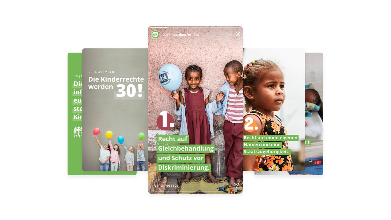 Mehrere Social Media Posts der SOS Kinderd&ouml;rfer weltweit. Die Instagram-Story zeigt verschiedene Motive zum Thema 30 Jahre Kinderrechte.