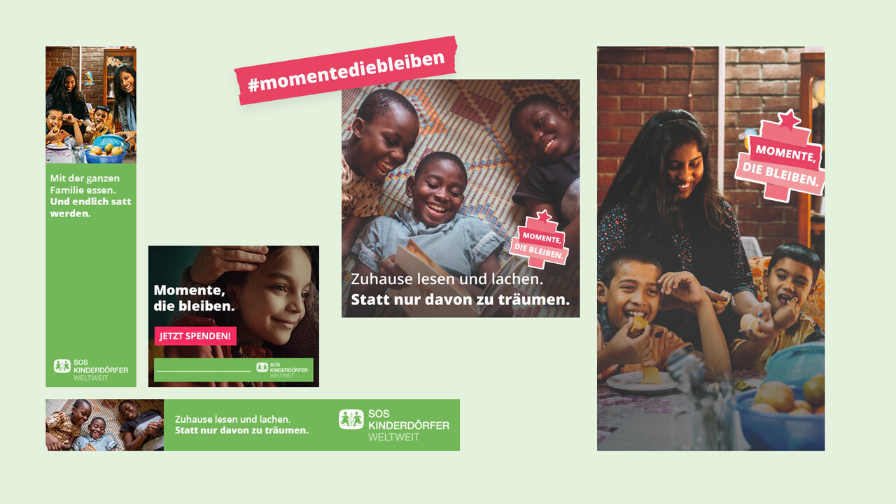 Mehrere Designvorlagen f&uuml;r die Kampagne #momentebleiben der SOS-Kinderd&ouml;rfer, die Familienmomente und Zusammenhalt in verschiedenen Settings zeigen, mit gr&uuml;nen und rosa Farbakzenten und Websitedesign-Elementen.