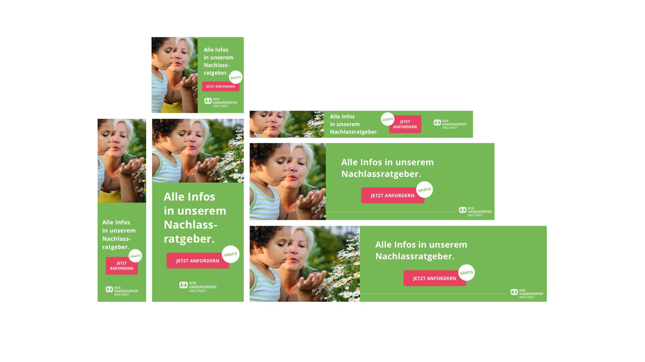 Verschiedene Display Ad Formate f&uuml;r einen Nachlassrageber mit gr&uuml;nem Hintergrund und Bildern einer Person, die ein Kind umarmt, in unterschiedlichen Gr&ouml;&szlig;en und Layouts.