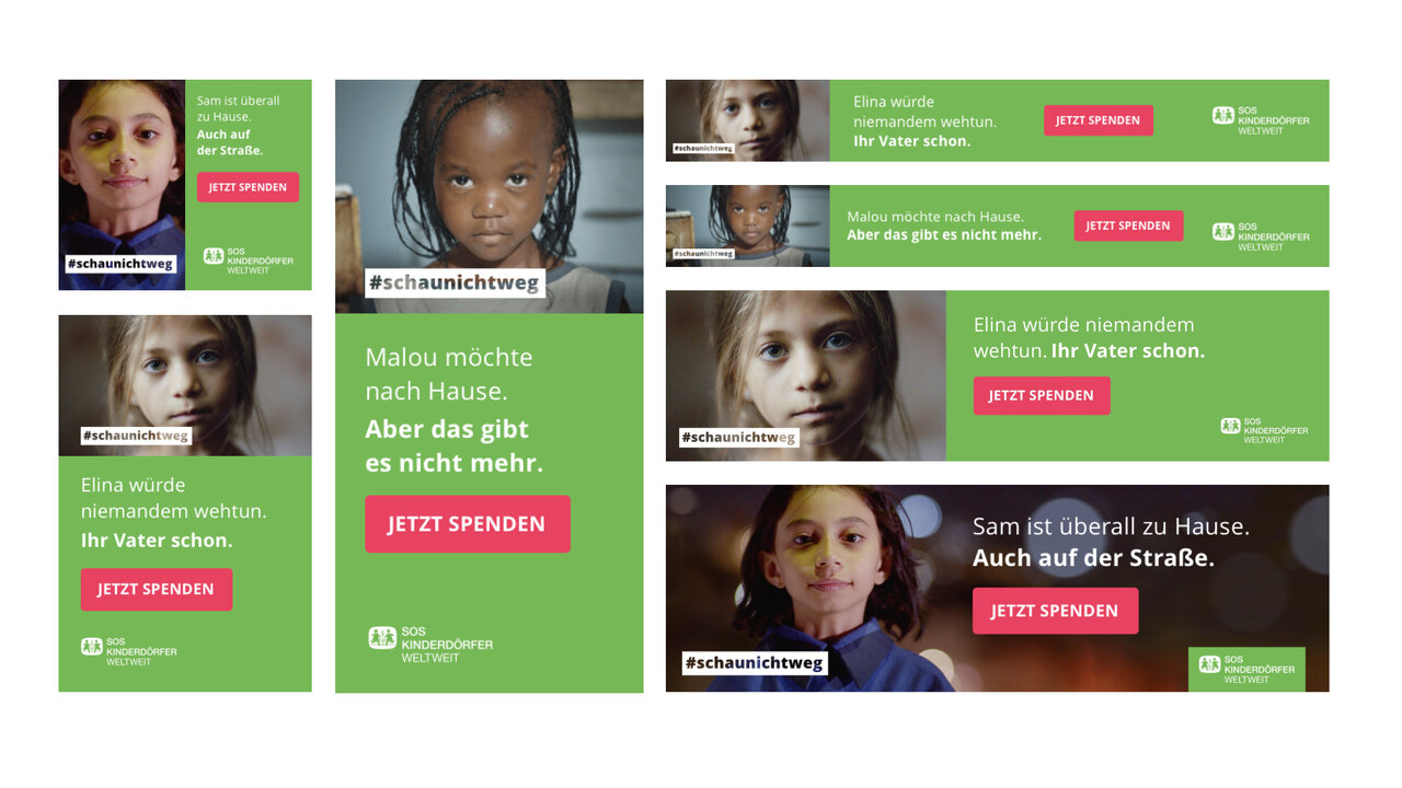 Verschiedene Display Ad Formate f&uuml;r die Schau-nicht-weg-Kampagne der SOS Kinderd&ouml;rfer weltweit. Sie zeigen ein Portrait eines Kindes, das ernst in die Kamera blickt. Ein roter Call to Action, ruft zum Spenden auf.