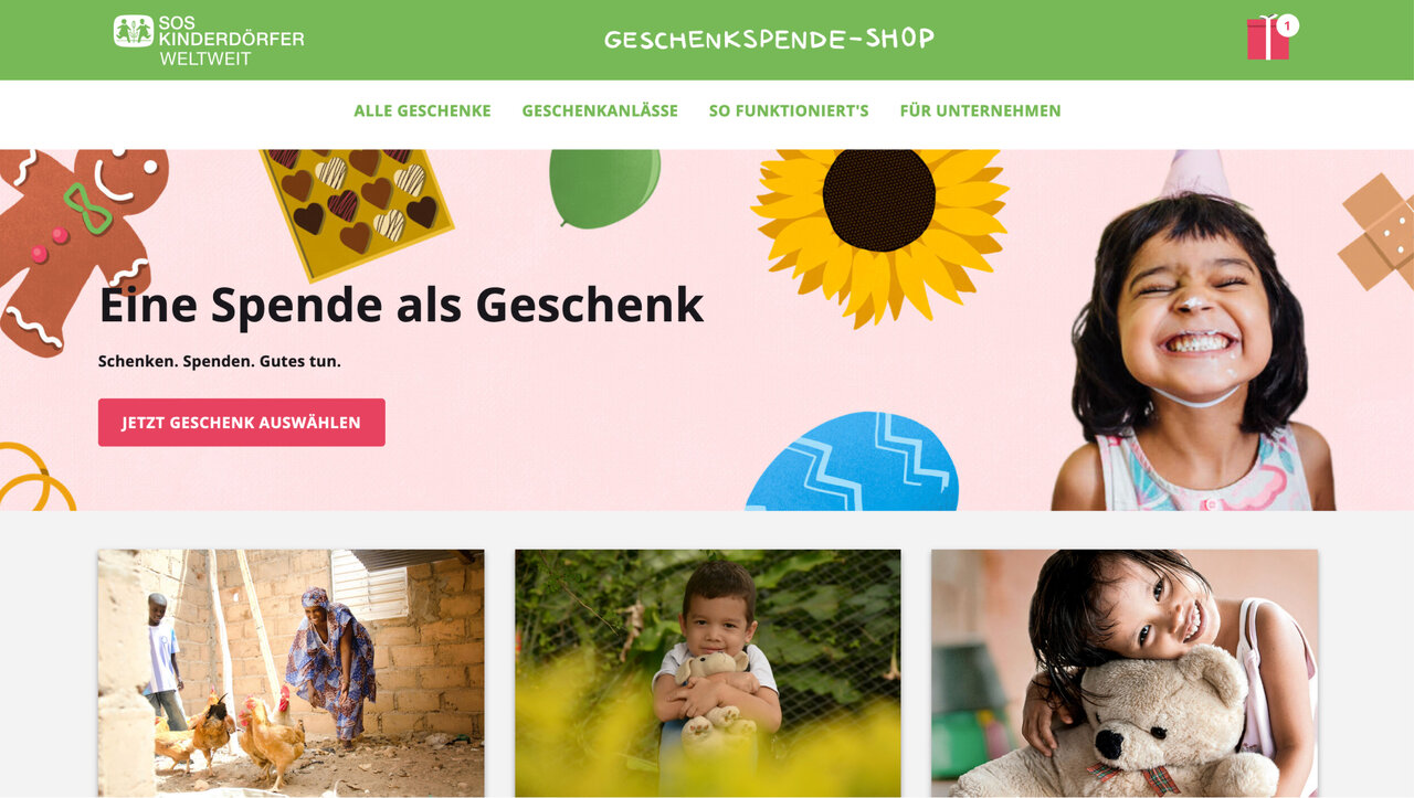Bunte Webseite des Geschenk-Spendenportals mit l&auml;chelndem Kind, Sonnenblume und Bildern von Kindern in verschiedenen Situationen - zeigt Auswahl an Geschenken und Spendenm&ouml;glichkeiten f&uuml;r SOS-Kinderd&ouml;rfer.