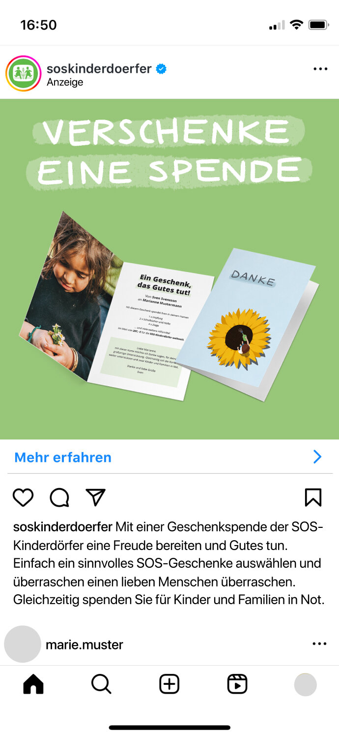 Ein Social Media Post der SOS Kinderd&ouml;rfer weltweit, der die Geschenkspende bewirbt. Er zeigt eine Dankeskarte mit illustrierter Sonnenblume.