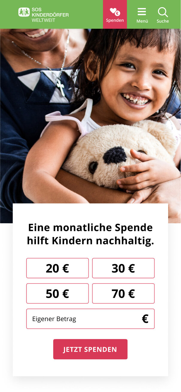Ein Website-Screen. Lachendes Kind mit Pl&uuml;schtier in den Armen einer Bezugsperson, daneben Spendenaufruf der SOS-Kinderd&ouml;rfer mit verschiedenen monatlichen Spendenbetr&auml;gen von 20 bis 70 Euro.