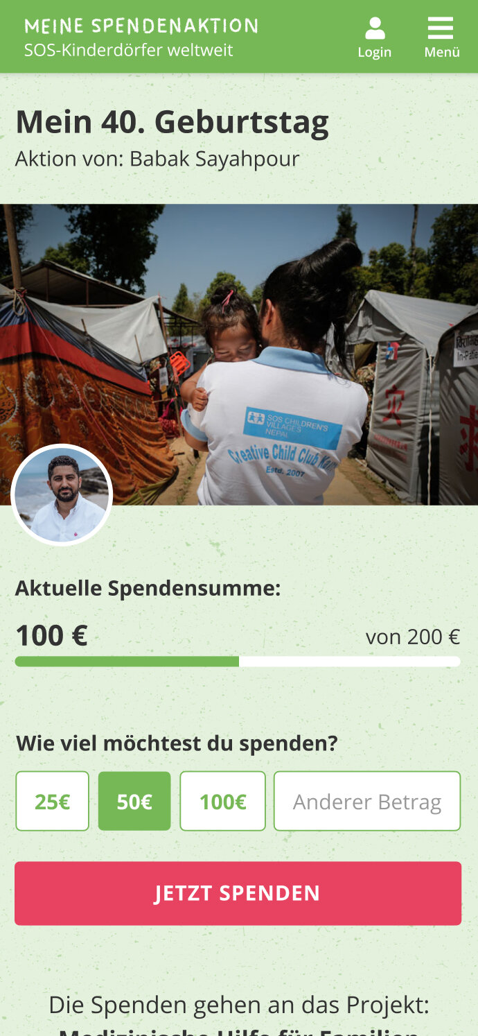 Ein mobiler Website-Screen der Spendenaktionsseite der SOS-Kinderd&ouml;rfer. Zu sehen sind die bisher gespendete Summe und darunter gibt es die M&ouml;glichkeit selbst zu spenden und daf&uuml;r einen Betrag zu w&auml;hlen.