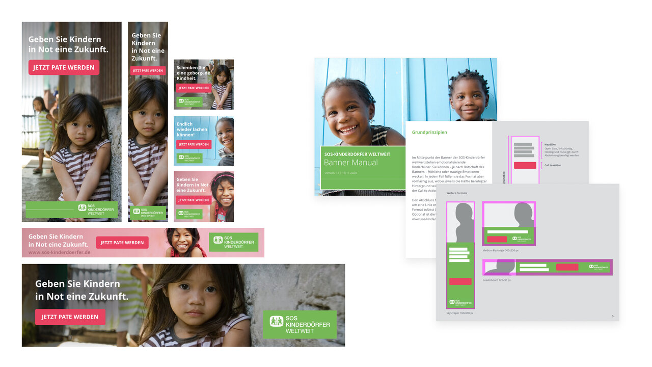 Verschiedene Display Ad Formate f&uuml;r die SOS Kinderd&ouml;rfer weltweit. Sie zeigen jeweils ein Kinderbild und dazu eine Headline und einen Call to Action in Pink. Rechts sind Templates und Vorgaben zu sehen, die aus einem Manual stammen.