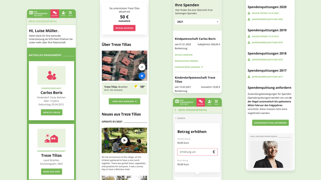 Mehrere Bildschirmansichten einer Website-Benutzeroberfl&auml;che f&uuml;r ein Projekt der SOS-Kinderd&ouml;rfer, die verschiedene Sektionen und Funktionen wie Profilseiten, Spendenbereiche und Projektinformationen zeigen. Das Design verwendet eine gr&uuml;n-wei&szlig;e Farbpalette und enth&auml;lt Fotos und Navigationselemente zur Unterst&uuml;tzung von Kindern und Familien.