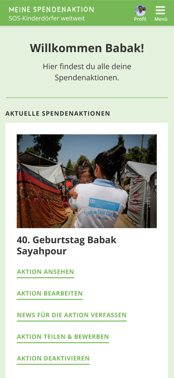 Ein mobiler Website-Screen der Spendenaktionsseite der SOS-Kinderd&ouml;rfer. Er zeigt den internen Bereich der Spendenaktion, in der sich alles rund um die eigene Spendenaktion verwalten l&auml;sst.