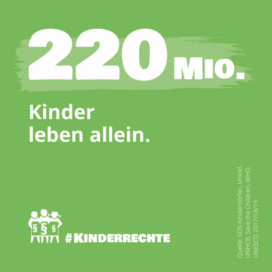 Ein Social Media Post der SOS Kinderd&ouml;rfer weltweit. Er nennt die Zahl: "220 Millionen Kinder leben allein" auf gr&uuml;nem Hintergrund mit wei&szlig;er Schrift und dem Logo der SOS-Kinderd&ouml;rfer, die auf die globale Herausforderung der Kinderrechte und Kinderbetreuung aufmerksam machen.