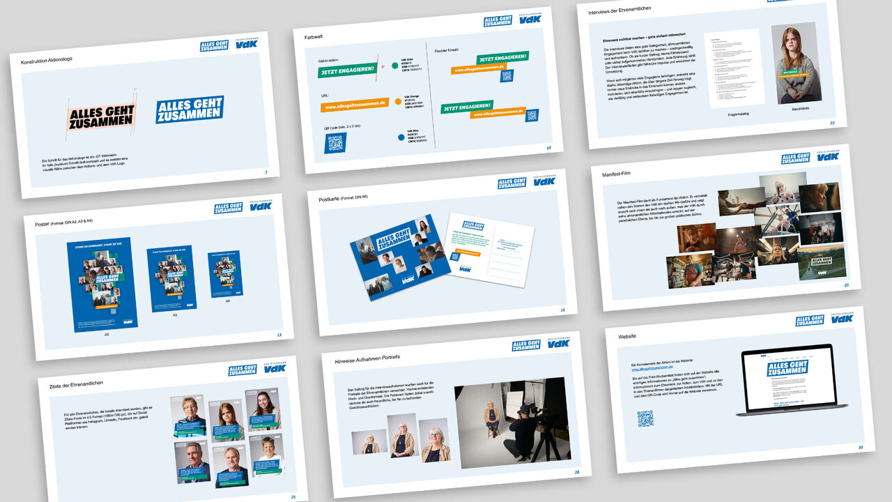 Reihe von Designprojekt-Mockups f&uuml;r Studio Good, zeigt verschiedene Layouts, Grafikdesigns, Websiteentw&uuml;rfe und Printmaterialien in blau-wei&szlig;er Farbpalette, die unterschiedliche Aspekte der Markenentwicklung und visuellen Kommunikation pr&auml;sentieren.