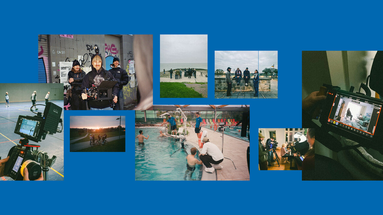Mosaik von Projektfotos von Studio Good, die verschiedene Szenen und Momente zeigen, darunter Gruppenaufnahmen, Aktivit&auml;ten und Bildschirmaufnahmen, die die kreative Arbeitsweise und Vielfalt der Agentur in Berlin illustrieren.