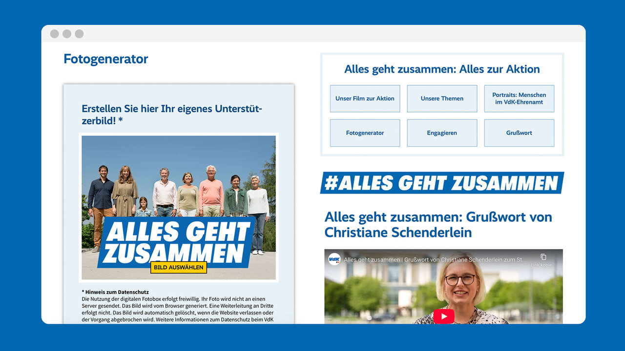 Eine Gruppe von sechs Personen steht vor einem blauen Hintergrund mit dem Slogan "ALLES GEHT ZUSAMMEN". Rechts daneben befindet sich ein Screenshot einer Webseite mit einem Video-Vorschau und weiteren Informationen zur Kampagne.
