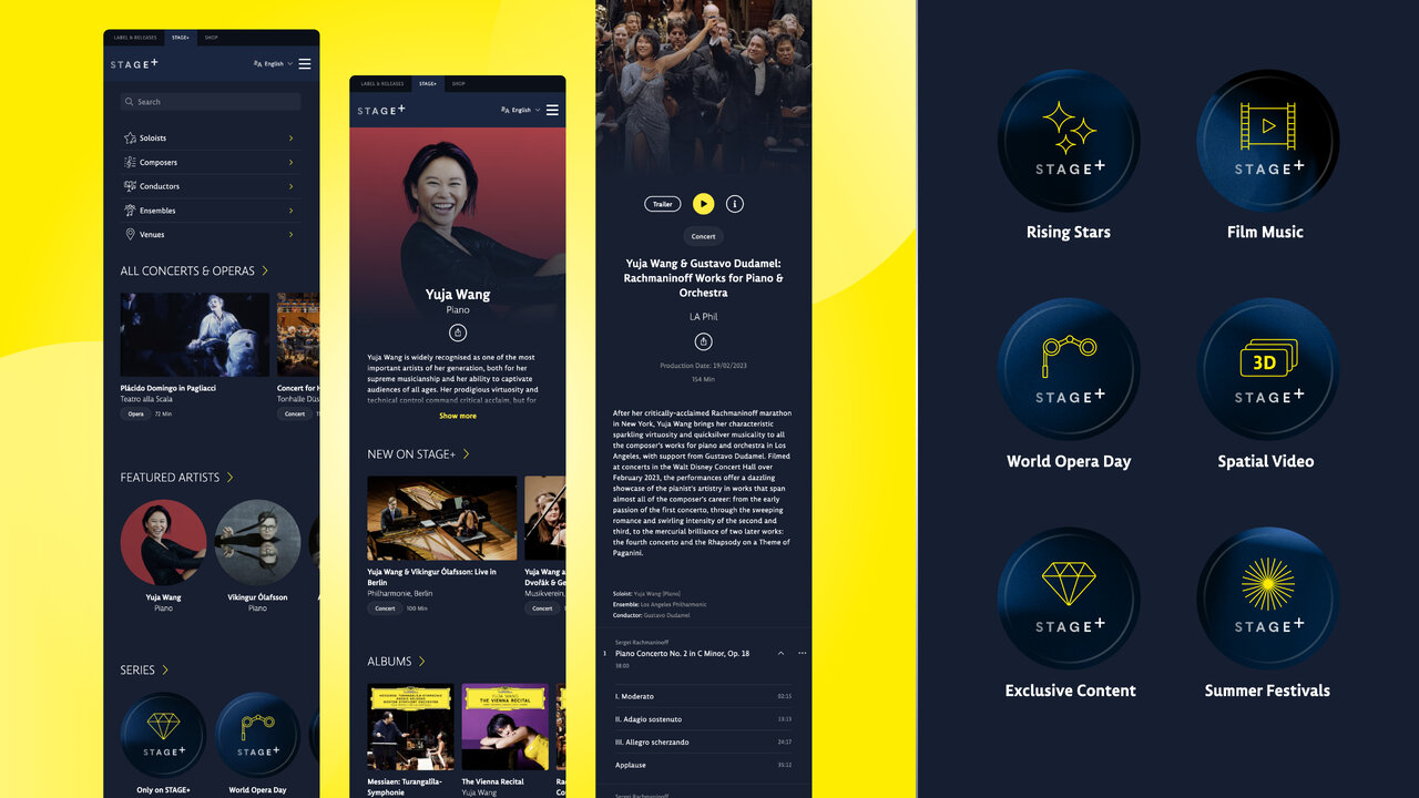 Digitales Interface eines Streaming-Dienstes f&uuml;r klassische Musik mit dunkelblauer und gelber Farbgestaltung, zeigt Seitenmen&uuml;, Profilansicht und Icons f&uuml;r verschiedene Musikinhalte wie Konzerte, Opern und Festivals.