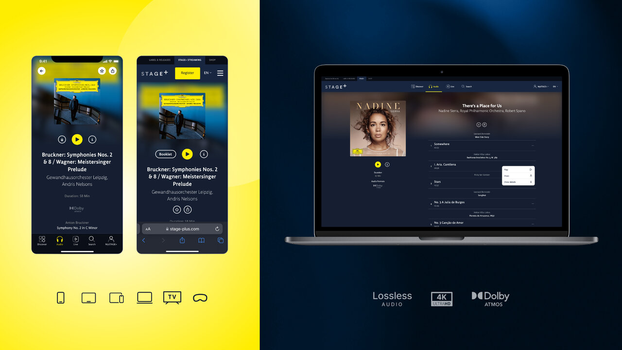 Vergleich der Benutzeroberfl&auml;che des audiovisuellen Streaming-Dienstes von Deutsche Grammophon auf mobilen und Desktop-Ger&auml;ten, mit Screenshot einer Musikwiedergabe und eines K&uuml;nstlerprofils vor gelbem und blauem Hintergrund.