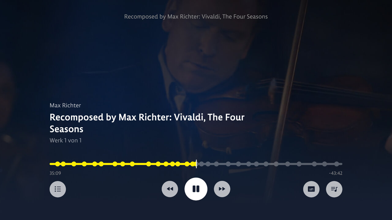 Musikplayer-Bildschirm mit Detailansicht von Max Richters Neukomposition von Vivaldis "Die vier Jahreszeiten", mit Wiedergabetaste, Zeitanzeige und verschwommener Hintergrundbeleuchtung.