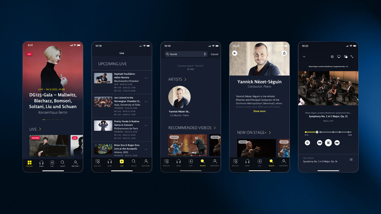 Reihe von Screenshots einer Musik-Streaming-App mit Fokus auf klassische Musik, die verschiedene Bildschirme wie Bibliothek, K&uuml;nstlerprofile und Wiedergabesteuerung zeigen, mit einem dunklen, eleganten Design f&uuml;r die Deutsche Grammophon Plattform.